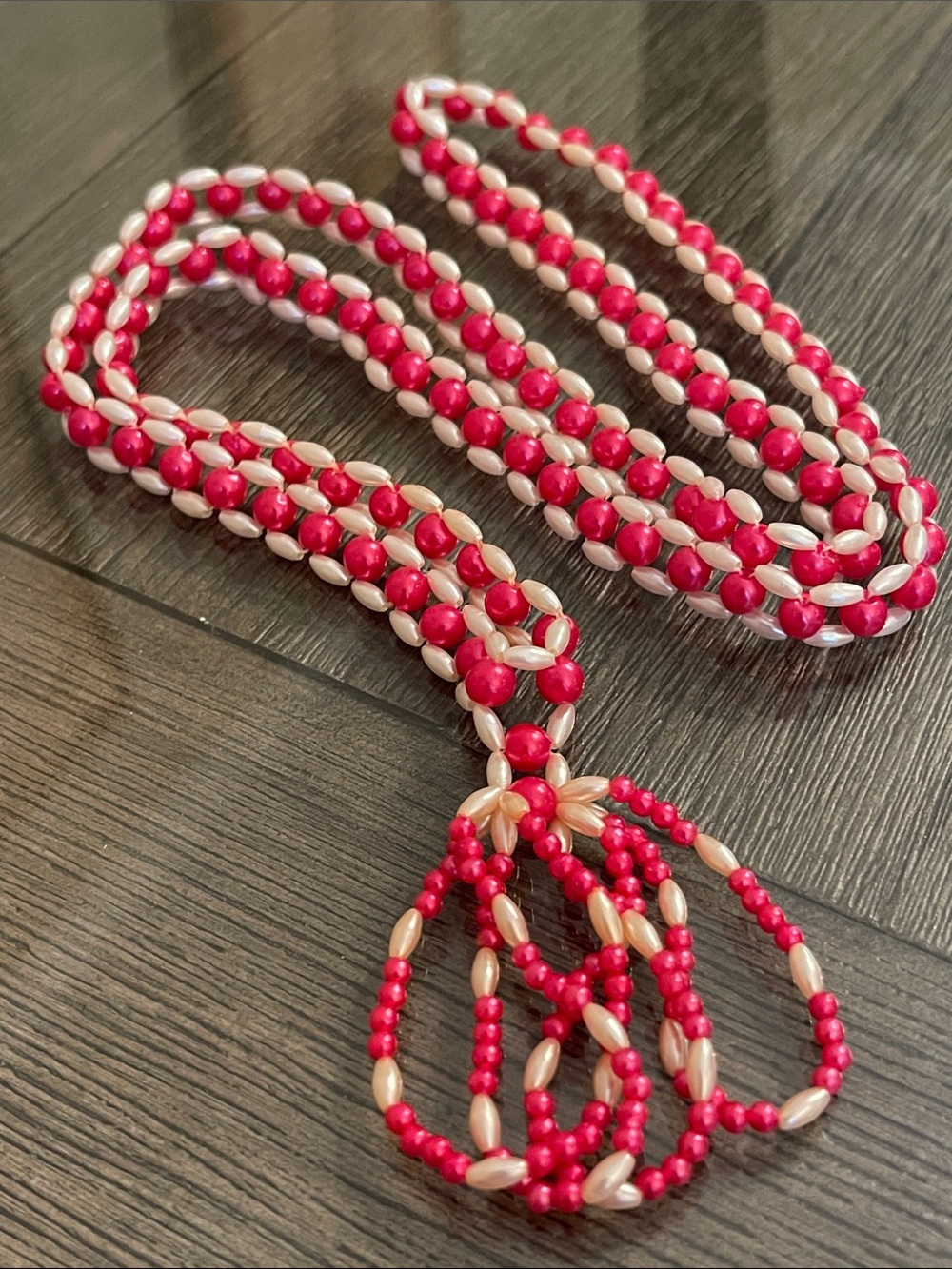 Vintage Woven Fuchsia Pink & White Faux Pearl Necklace with Beaded Tassel